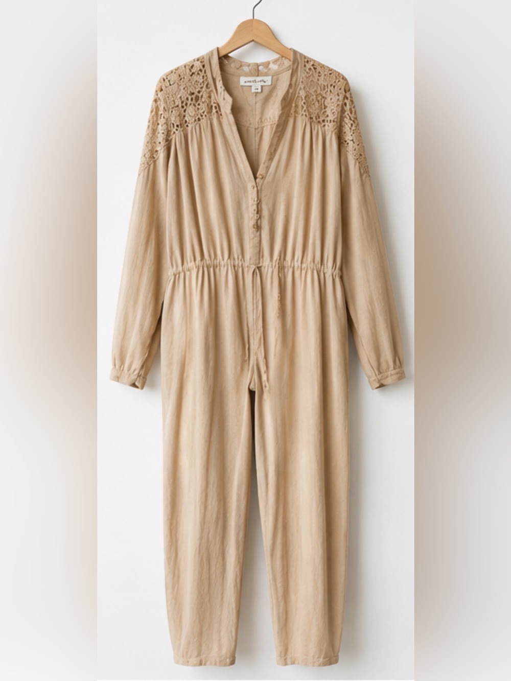 Free People Tan Button-Front Jumpsuit with Lace Back - Picture 2 of 8